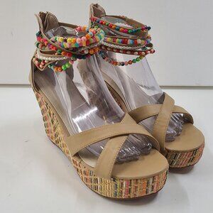 Get More Beauty Women's Platform Wedge Sandals Tan Size 7.5 Open Toe Beads Zip